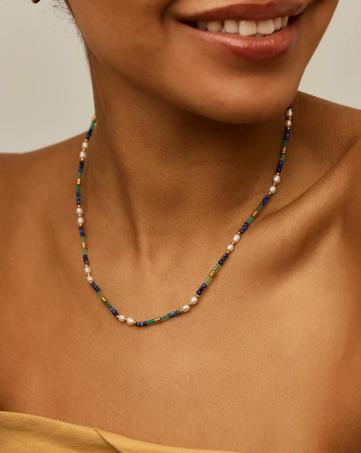 Beaded Gemstone & Pearl Short Necklace | 18k Gold Plated/Lagoon Blue