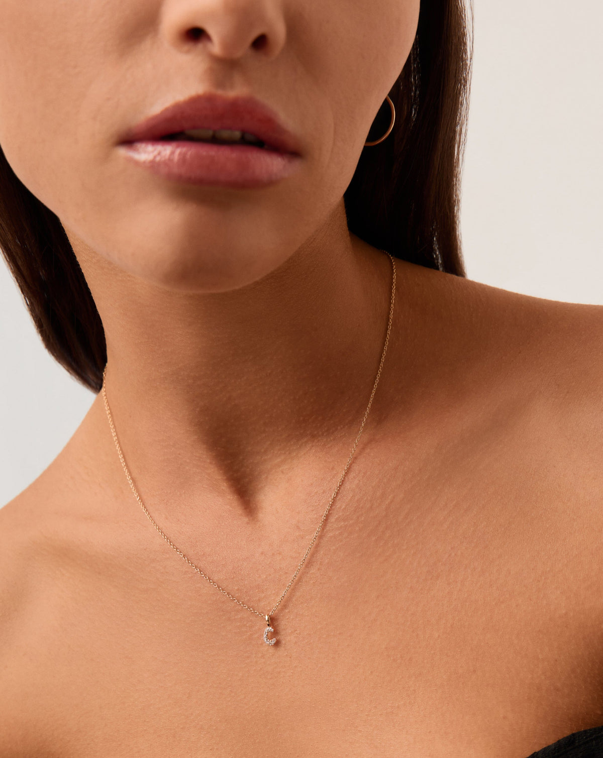 Solid Gold Diamond Initial Mini Pendant Necklace - C | 14k Solid Yellow Gold Plated/Diamond
