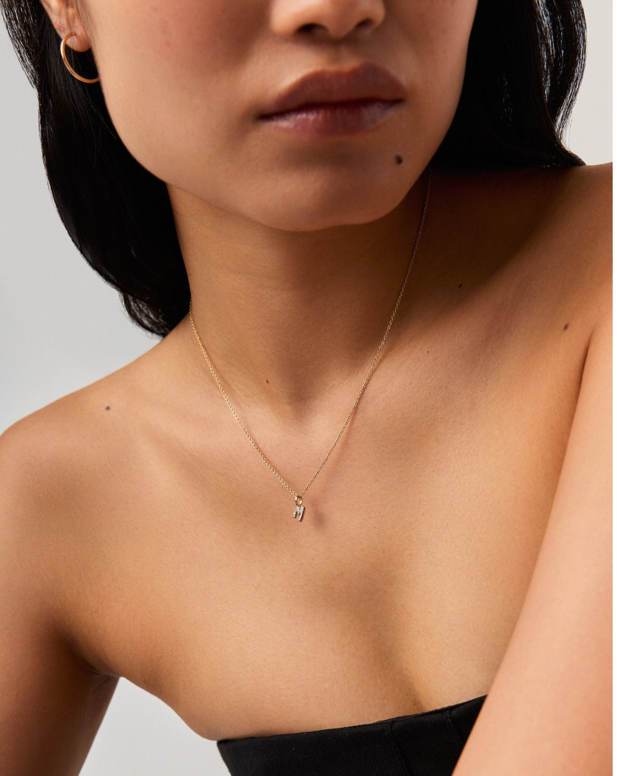 Solid Gold Diamond Initial Mini Pendant Necklace  - M | 14k Solid Yellow Gold Plated/Diamond