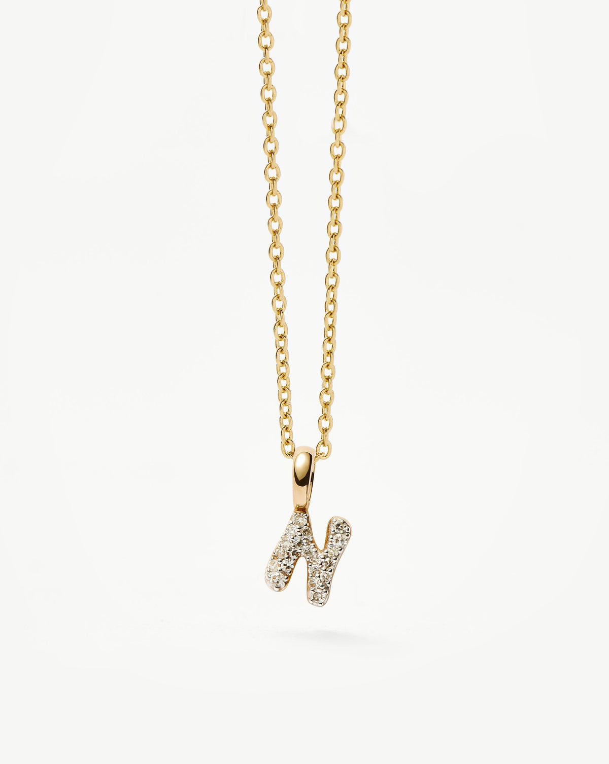 Solid Gold Diamond Initial Mini Pendant Necklace - N | 14k Solid Yellow Gold Plated/Diamond