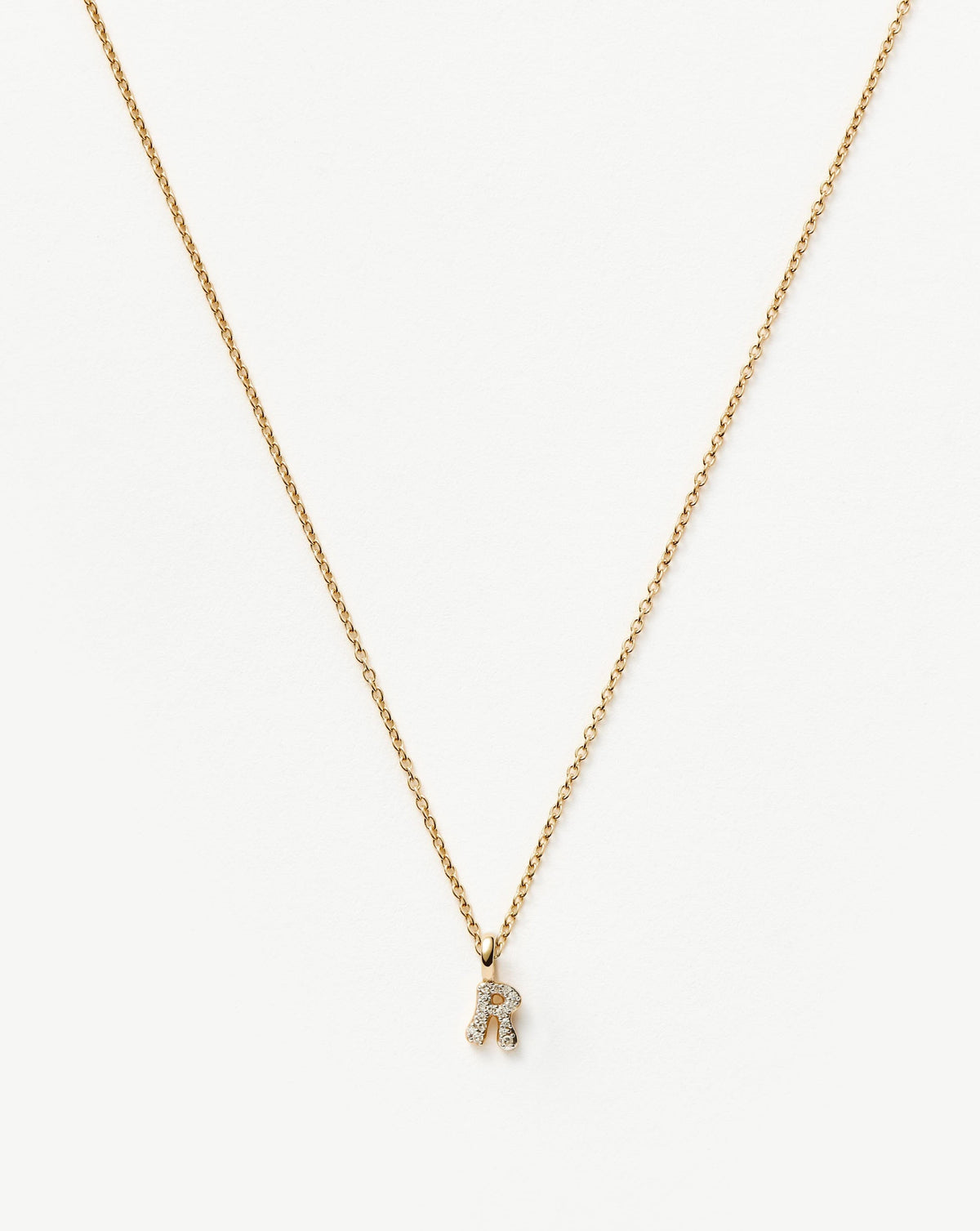 Solid Gold Diamond Initial Mini Pendant Necklace - R | 14k Solid Yellow Gold Plated/Diamond
