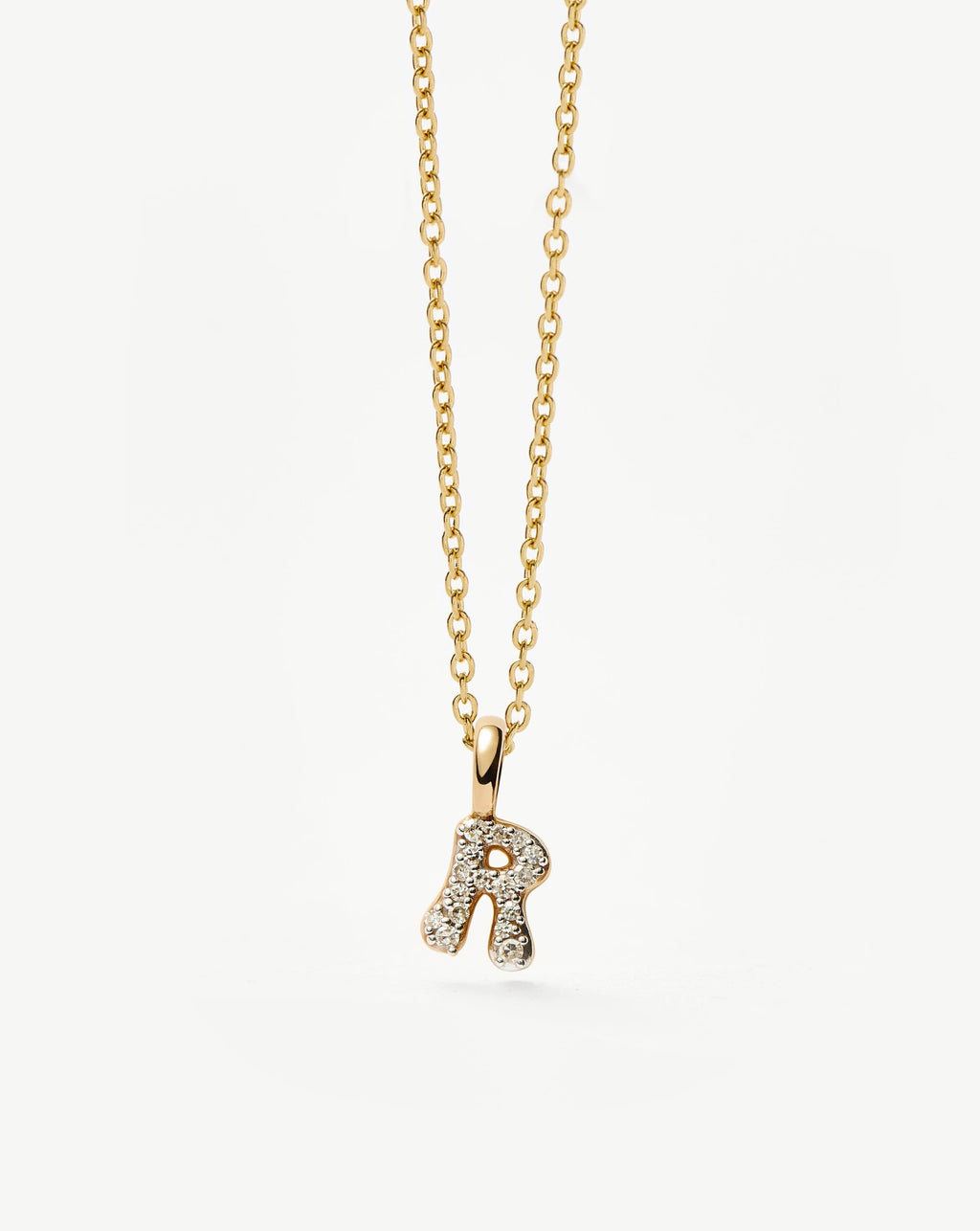 Solid Gold Diamond Initial Mini Pendant Necklace - R | 14k Solid Yellow Gold Plated/Diamond