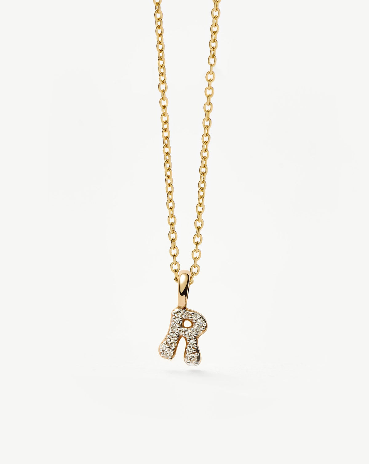 Solid Gold Diamond Initial Mini Pendant Necklace - R | 14k Solid Yellow Gold Plated/Diamond
