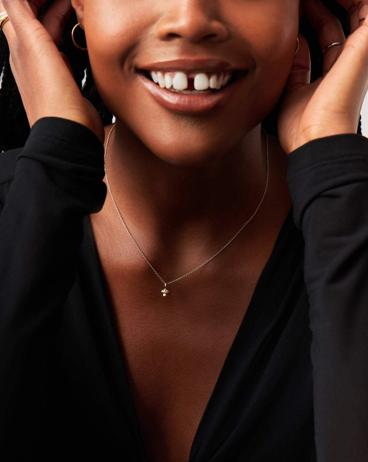 Solid Gold Diamond Mushroom Mini Pendant Necklace | 14k Solid Gold/Diamond