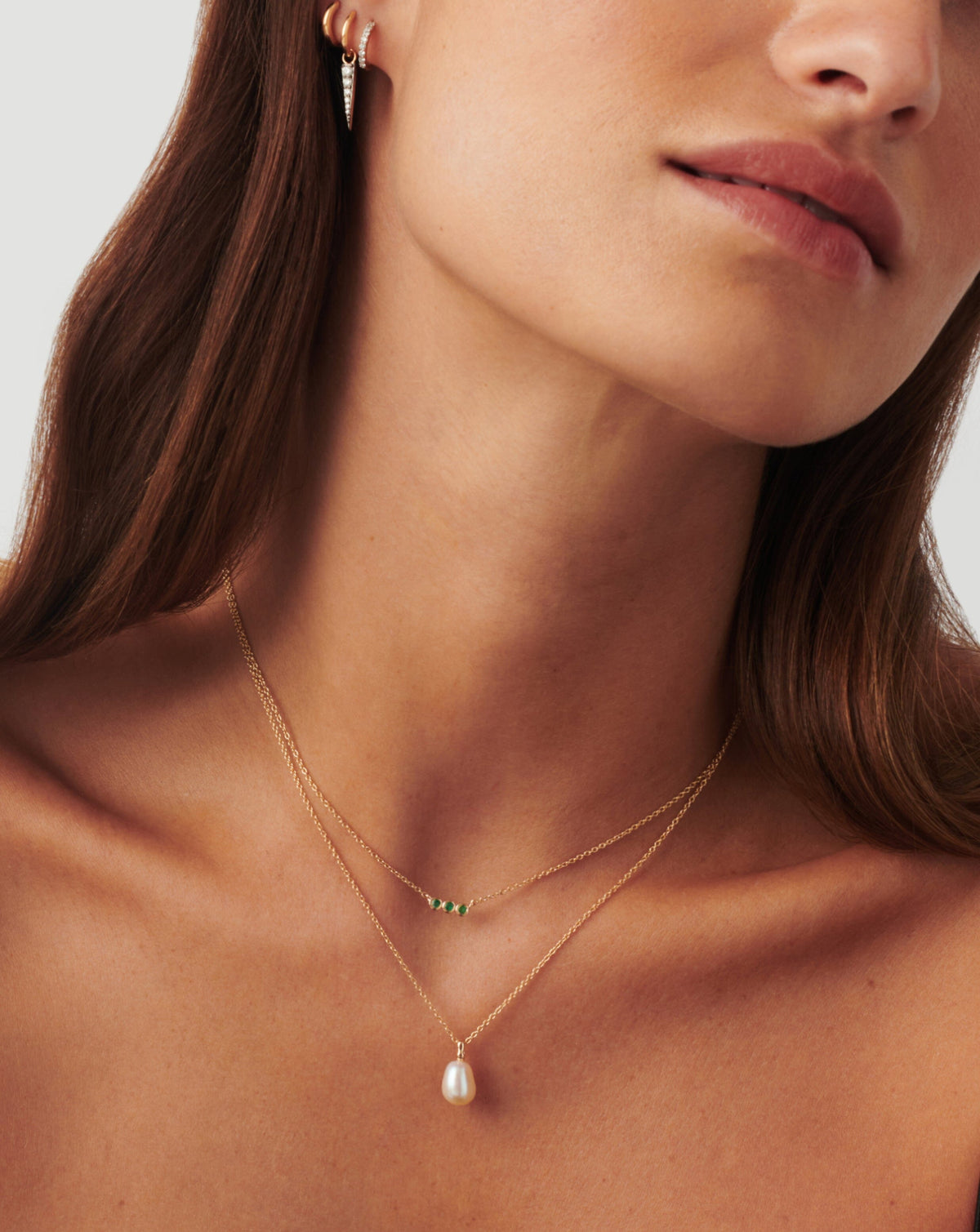Solid Gold Emerald Solitaire Trio Necklace